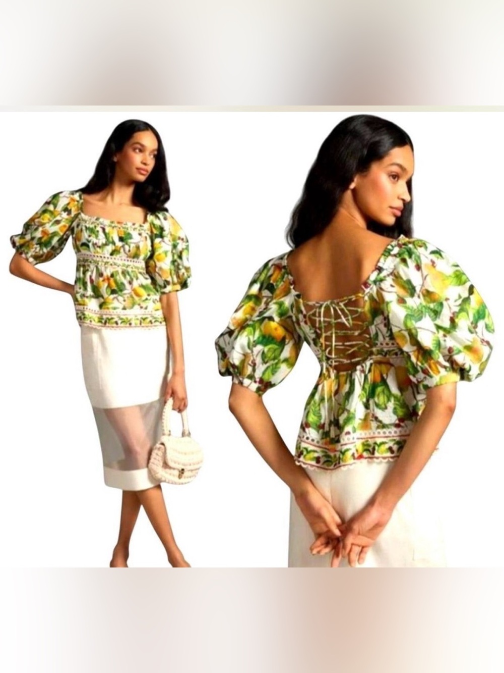 FARM Rio Lemon-Print Puff-Sleeve Square-Neck Top — Green & Yellow Size Small
